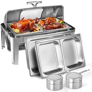 Juego de buffet de platos rozadores con tapa enrollable de acero inoxidable con soporte de combustible para fiesta 9QT - Imagen 1 de 12