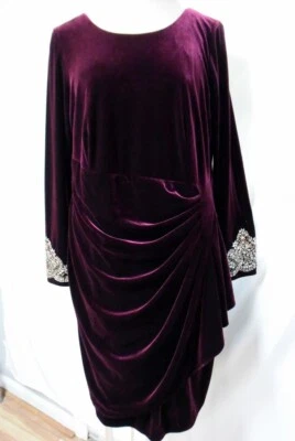NUEVO SIN ETIQUETAS Alex Evenings Borgoña Elastizado Terciopelo Vestido/Falda Drapeada Manga Cuentas-16W Foto 1 de 4