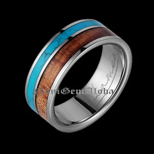 Anillo de boda de joyería hawaiana titanio 2 filas incrustaciones de madera turquesa y koa 8 mm - Imagen 1 de 5