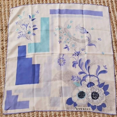 Bufanda de seda vintage Givenchy floral geométrica mod verde azulado y periwinkle Foto 1 de 4