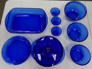 Lot of 9 Anchor Hocking Cobalt Blue Casseroles & pie plate & fruit cup & bowls - Picture 1 of 2