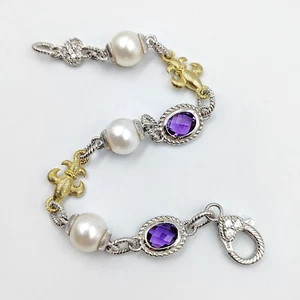 QVC Judith Ripka Sterling Silver 925 Amethyst Pearl Fleur De Lis Bracelet 6.75" - Picture 1 of 16