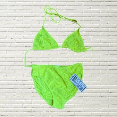 Conjunto de bikini vintage años 90 - amarillo neón ganchillo cuerda halter bikini stock muerto nuevo con etiquetas Foto 1 de 4