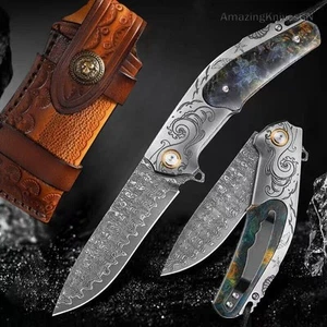 Cuchillo de bolsillo japonés hecho a mano VG10 Damasco supervivencia mango... - Imagen 1 de 14