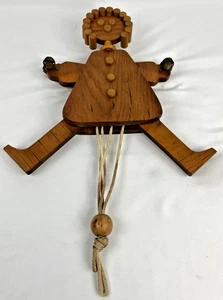 Vintage handgefertigte Holz Volkskunst Hampelmann Zugschnur Spielzeug Puppe - Bild 1 von 8