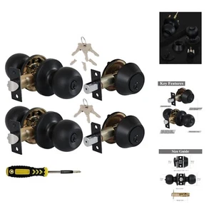 2 Sets All Keyed Same Entry Knobs&Single Cylinder Deadbolt for Exterior Front... - Picture 1 of 8