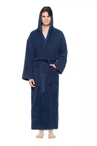 Men's Long Hooded Ankle Length Turkish Cotton Bathrobe Robe MCLASSLONG-MRN-2XL - Picture 1 of 2
