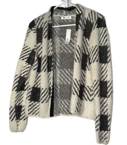 NWT August Silk Buffalo Check Eyelash Open Front Cardigan Size L Black Cream - Picture 1 of 7