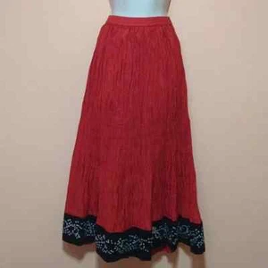 Zashi Crinkled Silk Blend Passion Red Gypsy Boho Long Velvet Sequin Trim Skirt M - Picture 1 of 10