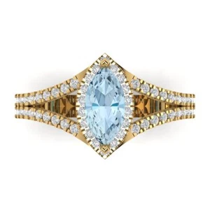 1.2Ct Marquise Cut Natural Aquamarine Halo Engagement Ring, 14K Yellow Gold - Picture 1 of 11