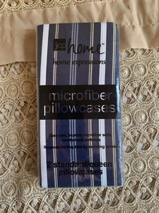 New JCP Home Expressions Microfiber 2 Standard/Queen Pillowcases Navy Stripe - Picture 1 of 3
