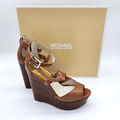 Sandalias de cuña Michael Kors Gabriella de cuero, marrón tostado, talla 5,5 Foto 1 de 4