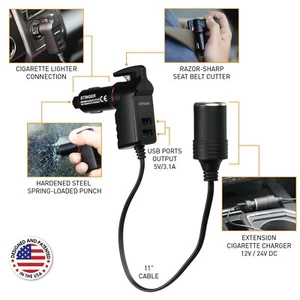 Stinger USB Car Charger Emergency Escape Tool Cigarette Lighter Extension Cord - Bild 1 von 7