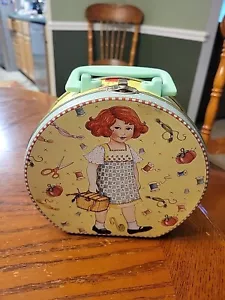 MARY ENGELBREIT Sowing Girl Artsy Tin Lunch Box Yellow/Sage Good Condition - Picture 1 of 6