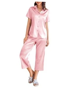 Womens Satin Pajamas Silk Capri Pjs 2 Piece Lounge Sets Medium Veiled Rose - Picture 1 of 8