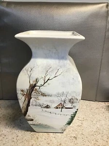 VTG HandMade & HandPainted Winter Scene Ceramic Vase 10 1/2” VGC - Picture 1 of 8
