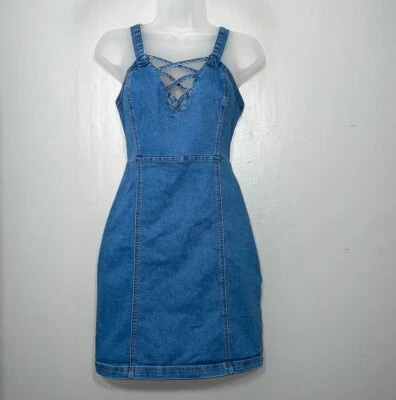 Juniors Size Medium Sleeveless Mini Blue Jean Stretch Denim Dress Y2K Coquette - Image 1 of 4