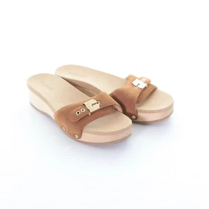 Dr. Scholl’s Original Too Slide Brown Suede Cushioned Wooden Platform Sandals 8M - Picture 1 of 8