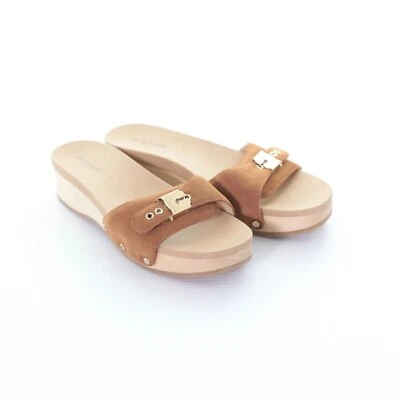 Dr. Scholl’s Original Too Slide Brown Suede Cushioned Wooden Platform Sandals 8M - Image 1 of 4