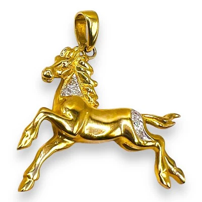 纯金 10k 黄金钻石跑步马饰品吊坠 4 克  — 第 1/4 张图片