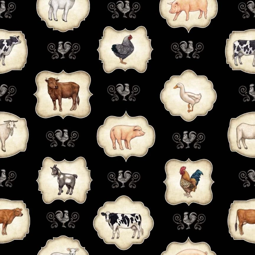 QT Fabrics Country Farm por Dan Morris 29891 J marcos de animales negros algodón Foto 1 de 1