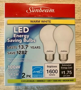 Sunbeam 2pk Bulbs - 14.5W 100 watt Warm White Dimmable LED Light Bulb A19 E26 - Picture 1 of 4
