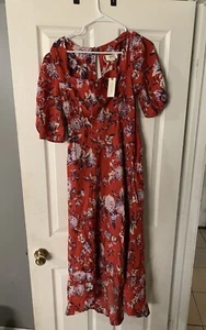 New Anthropologie x Maeve Red Floral Puff-Sleeve Midi Dress Size 8 UK 12 BOHO - Picture 1 of 13