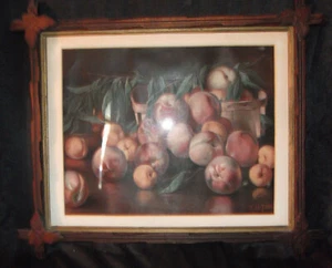 Antique PEACHES BASKET J Califano John Still Life Chromolithograph Print Framed - Picture 1 of 8