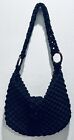 VINTAGE PURSE Handmade Black Crochet Big Shoulder Bag With Wooden Hoops Hardware