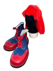 Vintage Leather Clown Shoes Professional Unbranded Red Blue Wingtip w/ Laces Wig