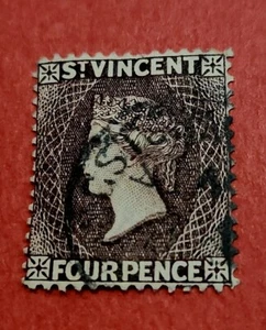 Lot 12. Scott #48 St. Vincent Four Penny LAKE BROWN 1883-88 QV (Used) - Picture 1 of 5