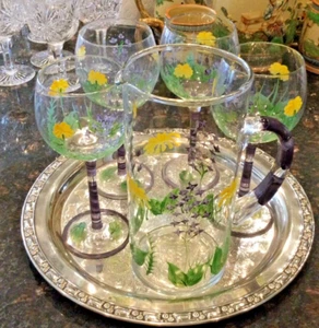 Handblown/Handpainted Glass Pitcher w/4 Matching Goblets Purple/Yellow Flowers - Picture 1 of 8