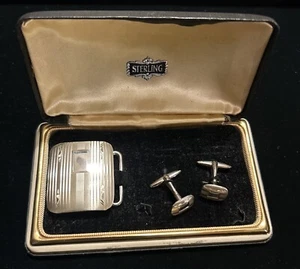 925 Sterling Silver Vintage Maco Striped Belt Buckle & Matching Cufflinks - Picture 1 of 17
