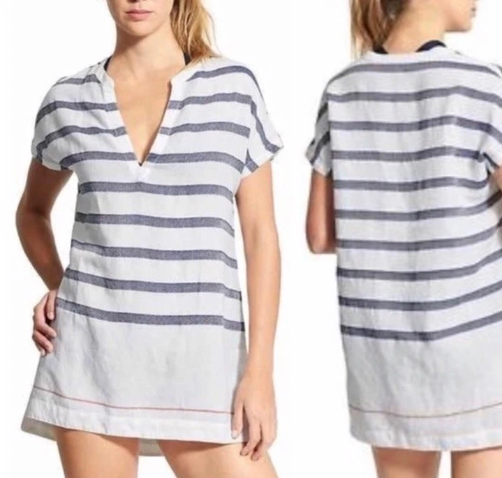 Vestido túnica de lujo a rayas ATHLETA Katán azul a rayas blanco para mujer X-grande Foto 1 de 4