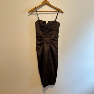 Abito da cocktail vintage in raso marrone anacardi elasticizzato taglia 2 Y2k bodycon ruched formale - Foto 1 di 9