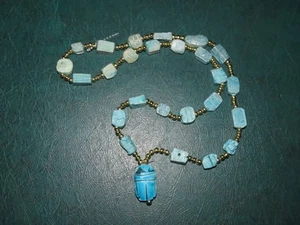 1970s EGYPTIAN REVIVAL NECKLACE 28" BEADED SCARAB PENDANT TURQUOISE BLUE - Picture 1 of 2