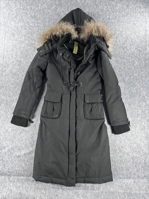 Soia & Kyo Parka Coat Womens XS Black Real Fur Hood Feather Filled $685 Foto 1 de 4