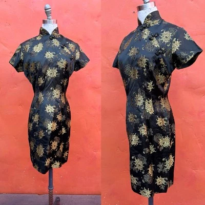 Vintage 1950s 1960s Black Metallic Gold Cheongsam Dress Wiggle Pinup - Image 1 of 4