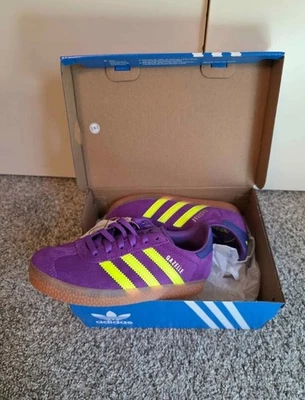 BRAND NEW WITH BOX Adidas Gazelle Purple/Yellow Size 12c/12k youth - Image 1 of 2