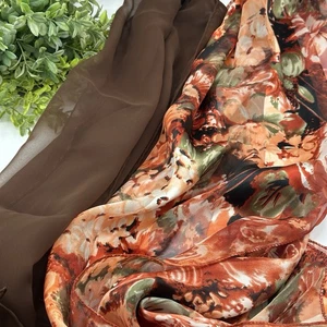 2 Stück Damen Mode Schals Herbst Orange Blumen Seide-Feel Braun Chiffon - Bild 1 von 19