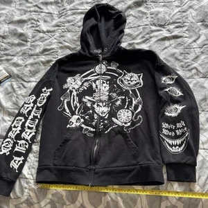 Vtg Social Collision Alice In Wonderland Black Hoodie Cheshire Cat Mad Hatter - Picture 1 of 5