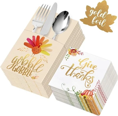 Thanksgiving Napkins - 54 Pack Gold Foil 12.5 x 4.75 inches,  - Image 1 of 4