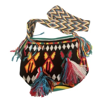 Wayuu Mochila Colombian Bag Large Boho Butterfly Geometric Colorful Tassel - Image 1 of 4