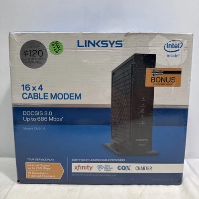 LINKSYS 16 x 4 Cable Modem, 16 x 4 Bonded Channels, DOCSIS 3.0, CM3016 ~ SEALED - Image 1 of 4