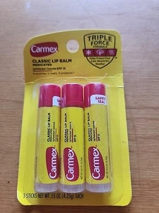 Carmex Classic Medicated Lip Balm - SPF 15 Triple Force Forumla, 3 Sticks (NEW) - Picture 1 of 2