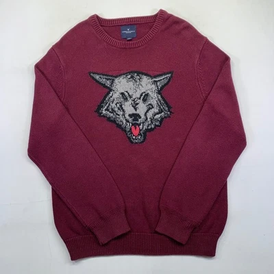 Suéter American Eagle Outfitters Para Hombre Grande Cuello Redondo Tejido Lobo Gráfico Borgoña Foto 1 de 4