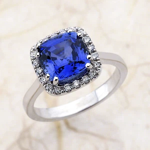 3.25 TCW Diamond & Blue Sapphire Solid 14K White Gold Engagement Rings Certified - Picture 1 of 6