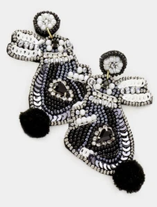 ORECCHINI PASQUA CONIGLIO CONIGLIETTO NERO PENDENTI SEMI PERLINE PAILLETTES STRASS FELTRO RETRO - Foto 1 di 1