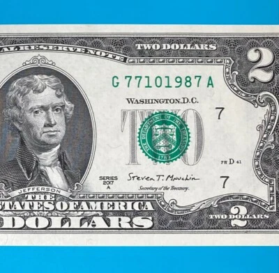 TRAILING YEAR 1987 (G 7710 1987 A) $2 Two Dollar Bill Serial Number 2017A *UNC* - Image 1 of 4