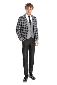 Traje formal a cuadros negro y gris ajustado Wessi para hombre 3 piezas TY-1437 - Imagen 1 de 8